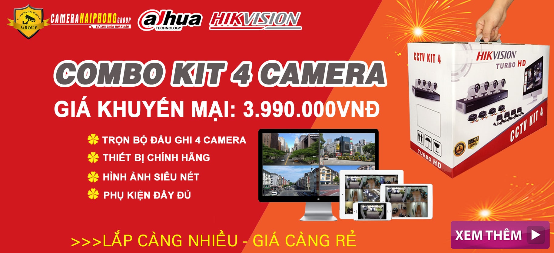 SIÊU KHUYẾN MẠI -  COMBO KIT 4 CAMERA HD CHỈ VỚI 3.990.000VNĐ